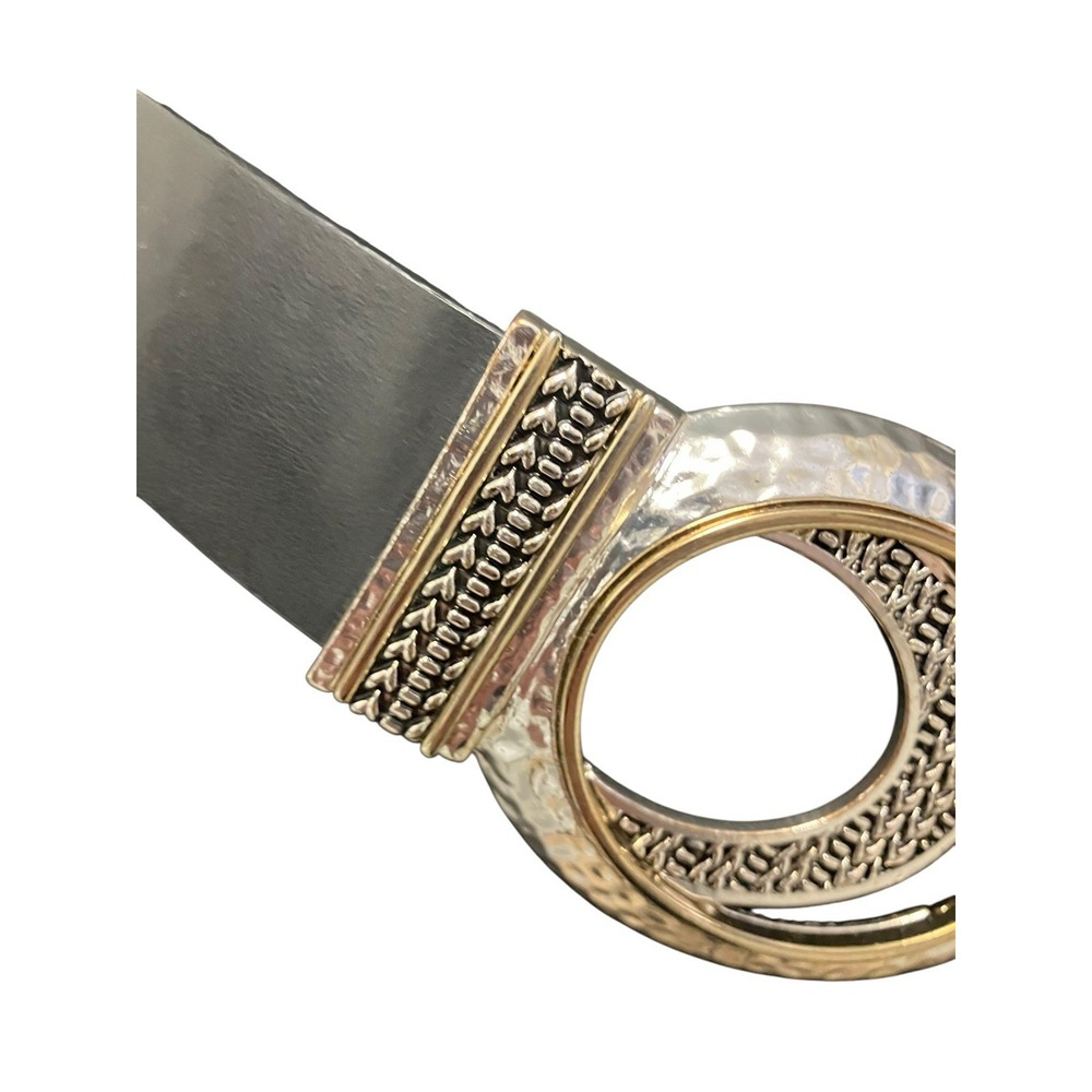 CHICOs Belt Leather Black Gold Silver Tone Hook Buckle Art To Wear Statement S/M - Picture 3 of 13
